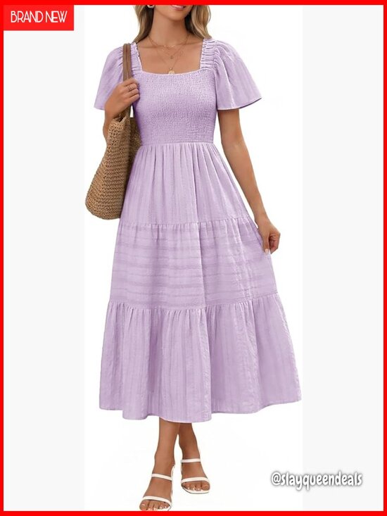 flowy square neck midi dress Parthea Women's Square Neck Midi Dress A Line Flowy Back Cutout Wedding Guest Dresses